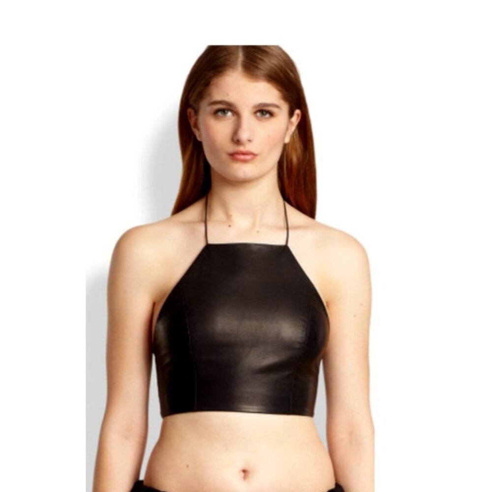 Rag & Bone Daytona Black Leather Halter Crop Top